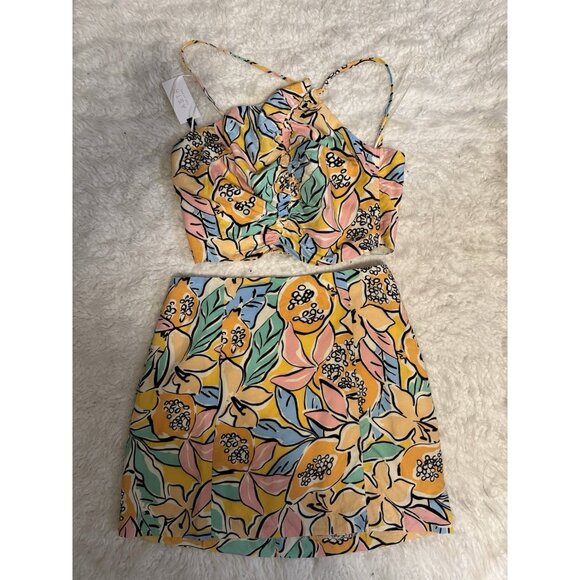 ASTR The Label Covina Tropical Print Skirt & Top Set M Medium Linen NEW